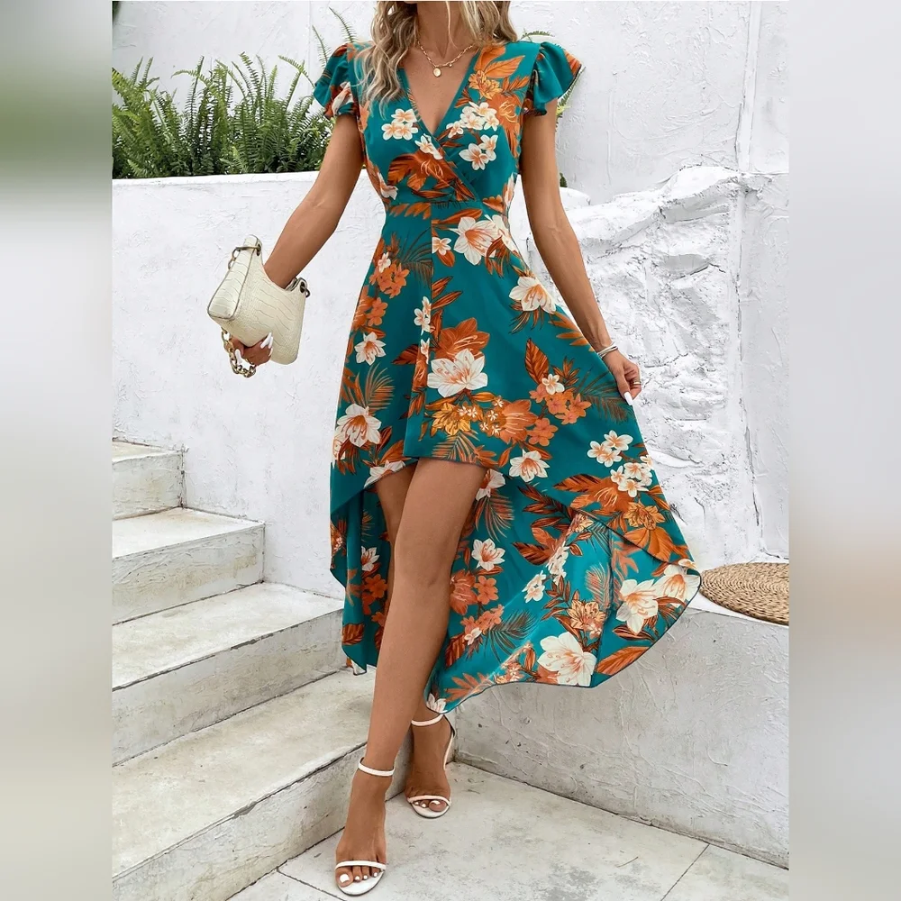 Tropical Print Butterfly Sleeve High Low Hem Dress - Picture 3 of 5